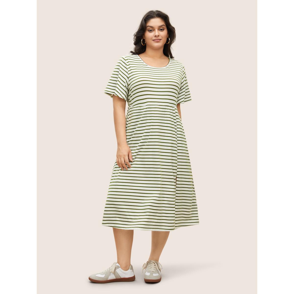 Plus Size Stripes Round Neck Split Side Pocket Dress Moss Women Casual Slit Round Neck Short sleeve Curvy Midi Dress BloomChic 18-20/2X Product Image