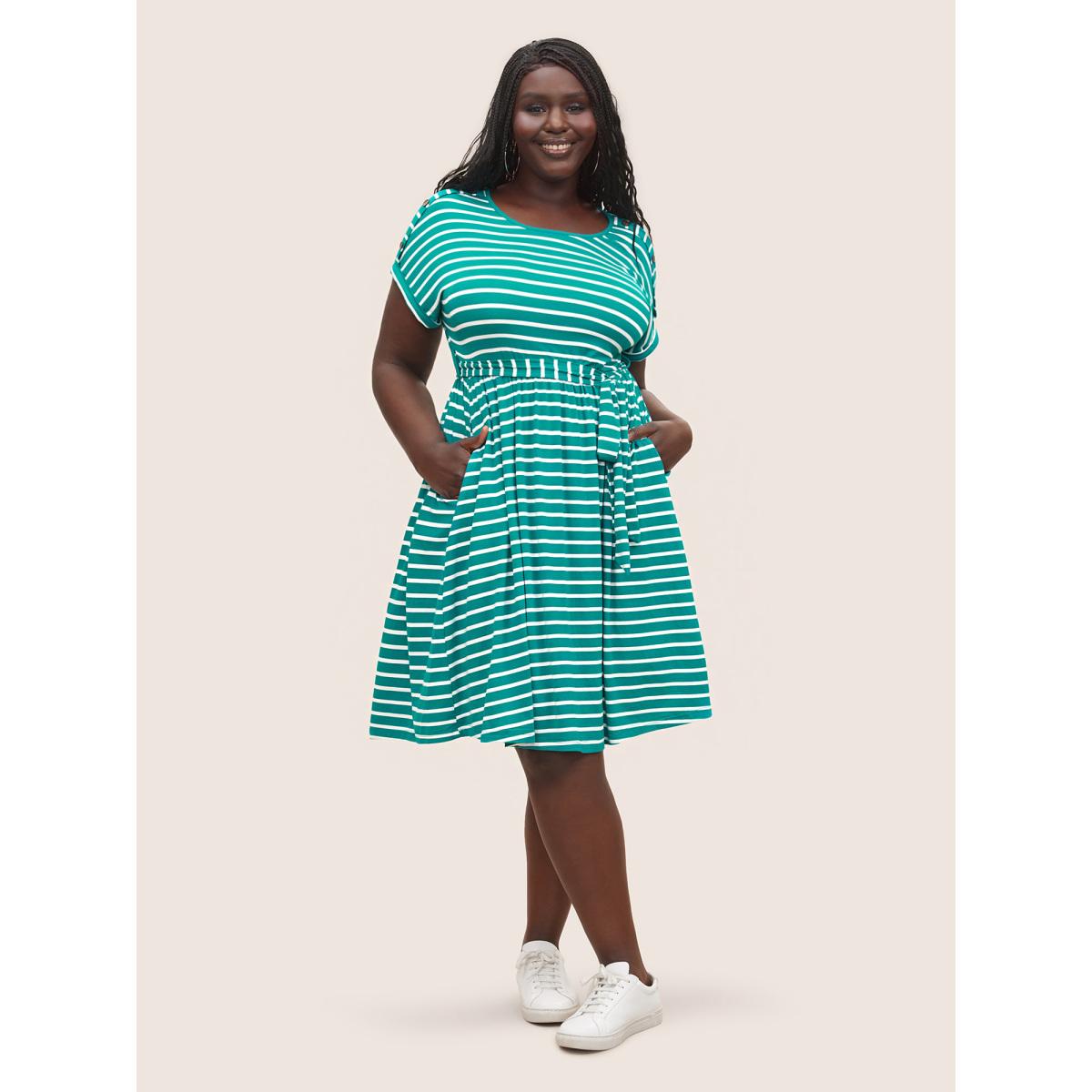Plus Size Supersoft Essentials Striped Dolman Sleeve Belted Dress Turquoise Women Casual Non Round Neck Short sleeve Curvy Midi Dress BloomChic 22-24/3X Product Image