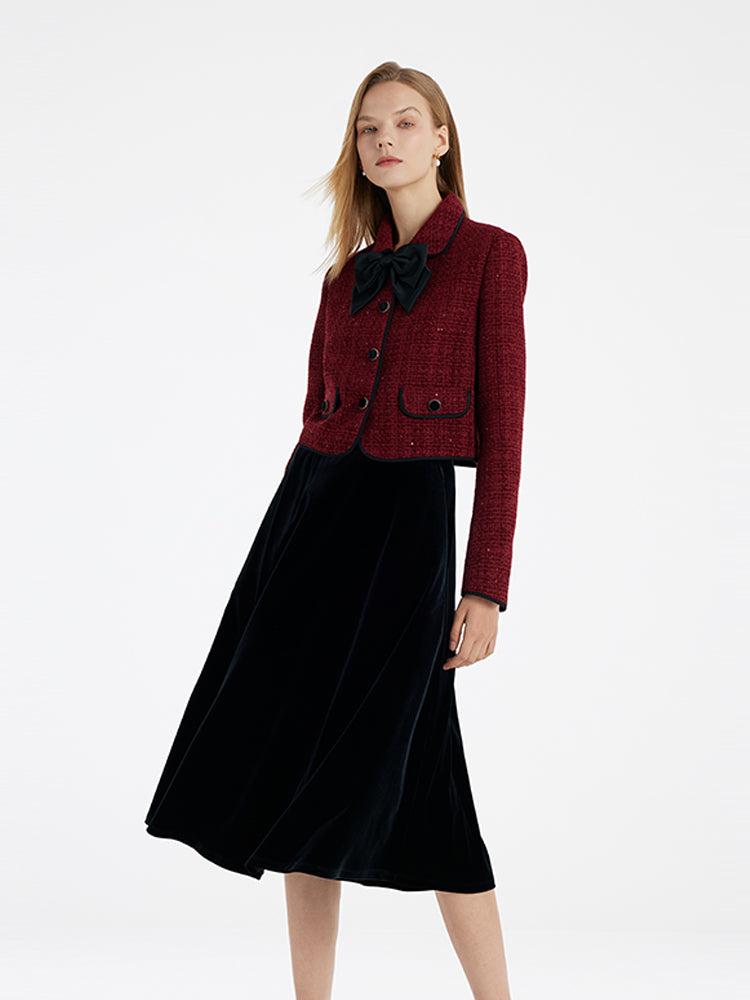 Tweed Jacket And Velvet Skirt Two-Piece Set With Detachable Bowknot Product Image