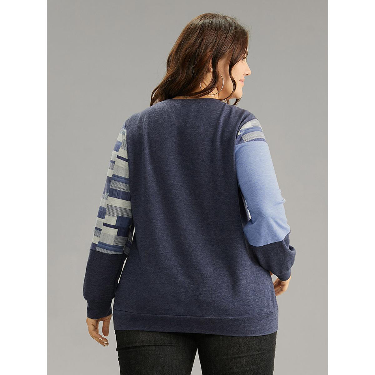 Plus Size Geometric Colorblock Contrast Crew Neck Sweatshirt Women Indigo Casual Contrast Round Neck Dailywear Sweatshirts BloomChic 14-16/1X Product Image