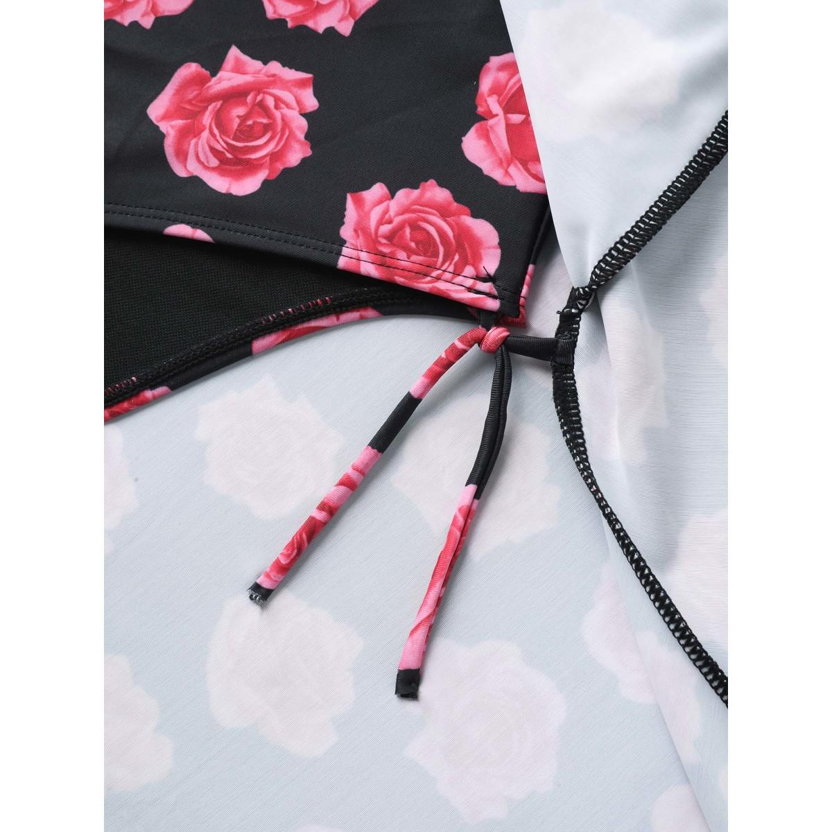 Plus Size Anti-Float Tie Rosy Print Swim Dress Women's Swimwear Black Beach Bodycon Overlap Collar High stretch Curve Swim Dresses BloomChic 30/6X Product Image