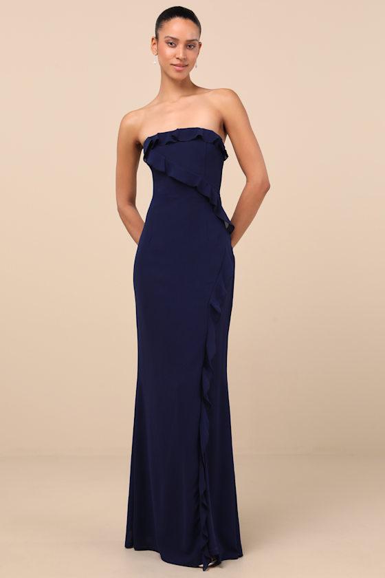 Excellent Sensation Navy Strapless Ruffled Maxi Dress Product Image
