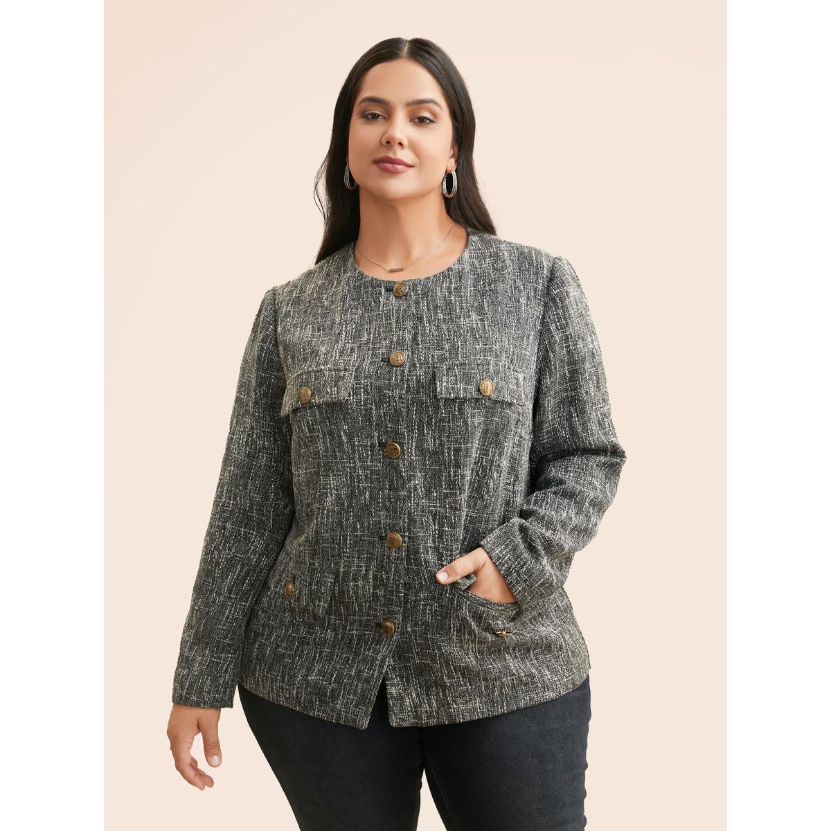 Plus Size Tweed Button Up Flap Pocket Jacket Women Black Button Open pocket with flap Everyday Jackets BloomChic 22-24/3X Product Image