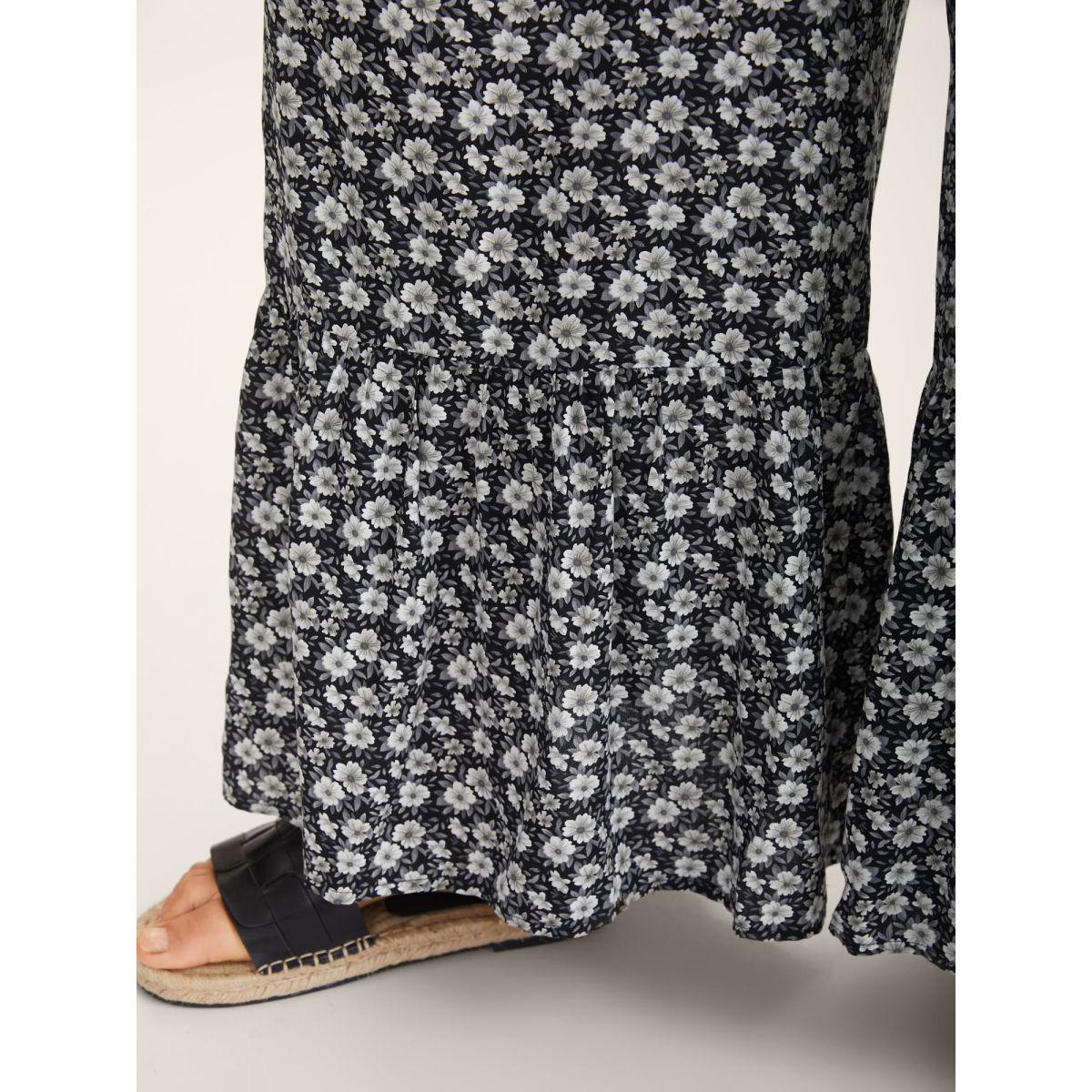 Plus Size BlackFlower Ditsy Floral Print Shirred Tie Jumpsuit Women Sleeveless Non Vacation Loose Jumpsuits BloomChic 12/L Product Image