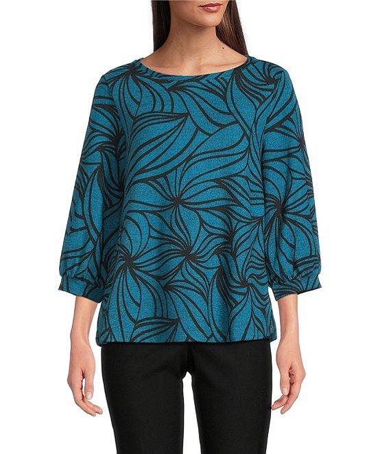 Ali Miles Petite Size Brushed Knit Stripe Round Neck 3/4 Cuff Sleeve Tunic Product Image