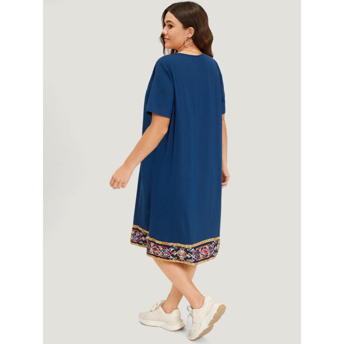 Plus Size Supersoft Essentials Embroidered Patchwork Pocket Crisscross Neck Dress DarkBlue Women Casual Plain V-neck Short sleeve Curvy Midi Dress BloomChic 14-16/1X Product Image