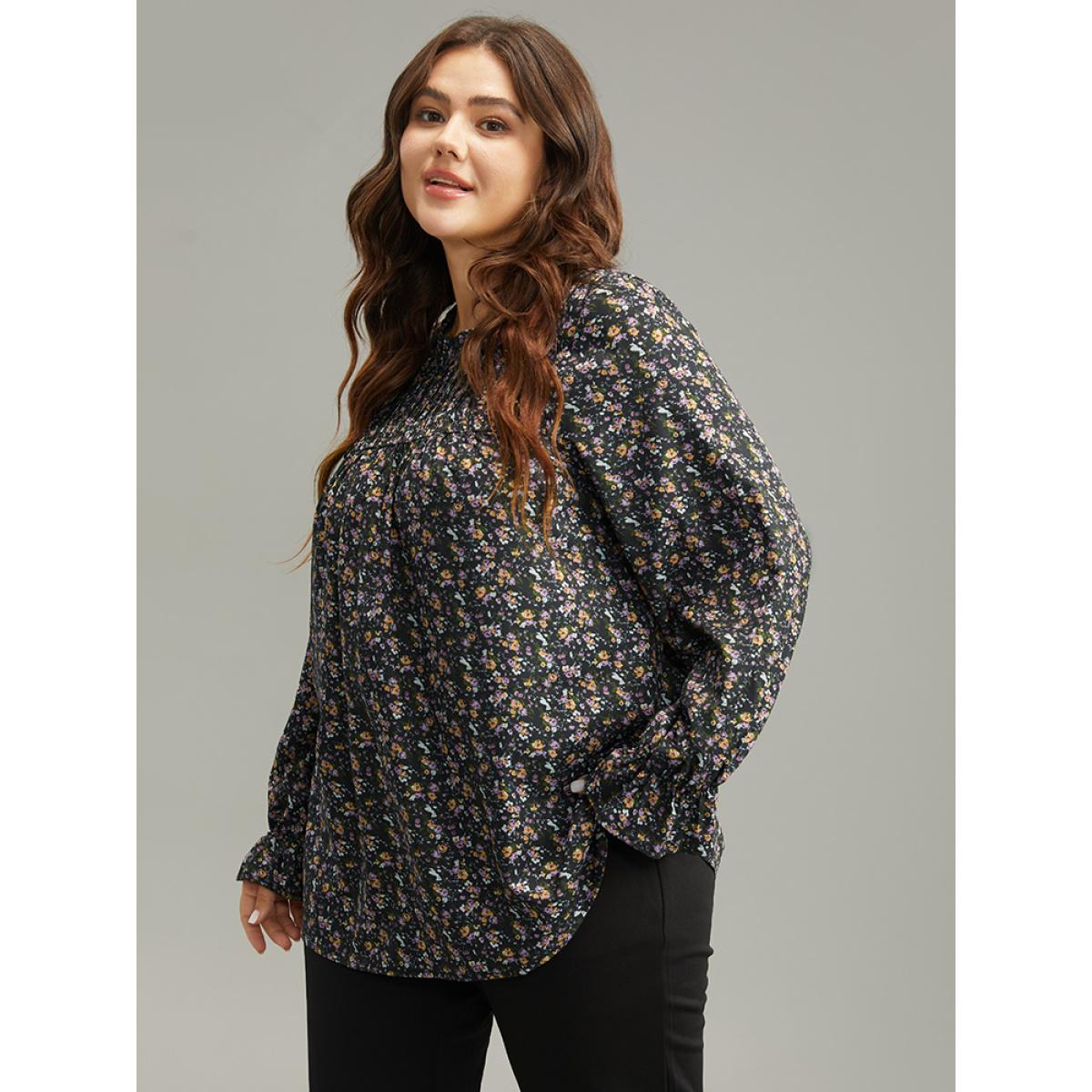 Plus Size Black Ditsy Floral Stand Collar Pleated Blouse Women Elegant Long Sleeve Stand-up collar Dailywear Blouses BloomChic 18-20/2X Product Image