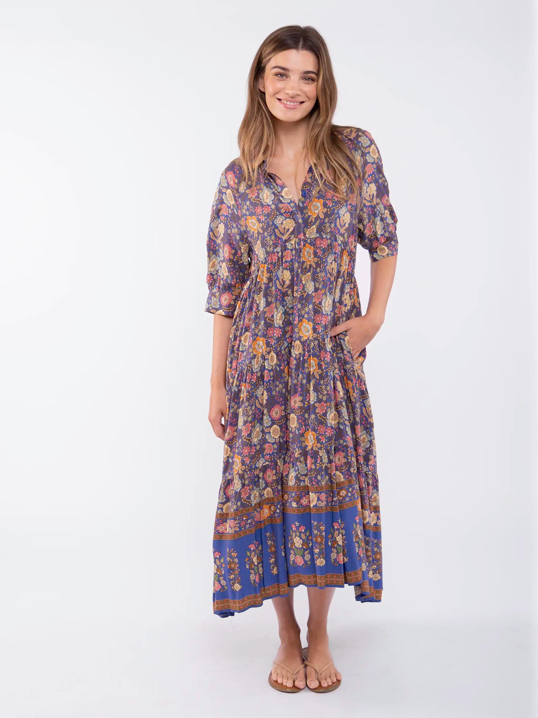 Rebecca Midi Dress - Blue Yellow Roses Product Image