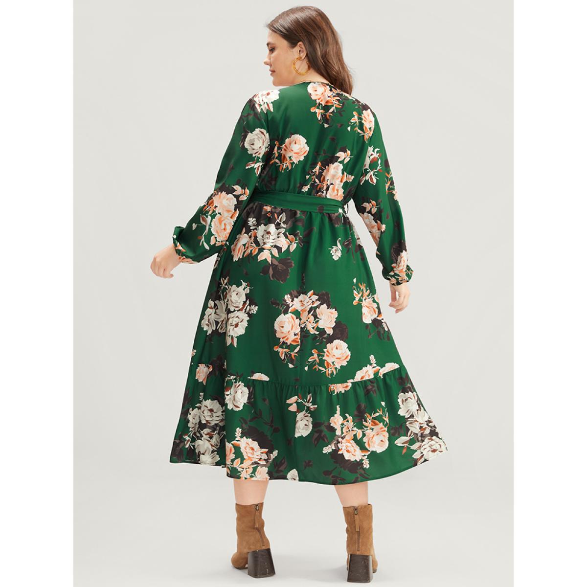 Plus Size Floral Print Lantern Sleeve Button Detail Pocket Belted Dress Moss Women Elegant Elastic Waist V-neck Long Sleeve Curvy Midi Dress BloomChic 12/L Product Image