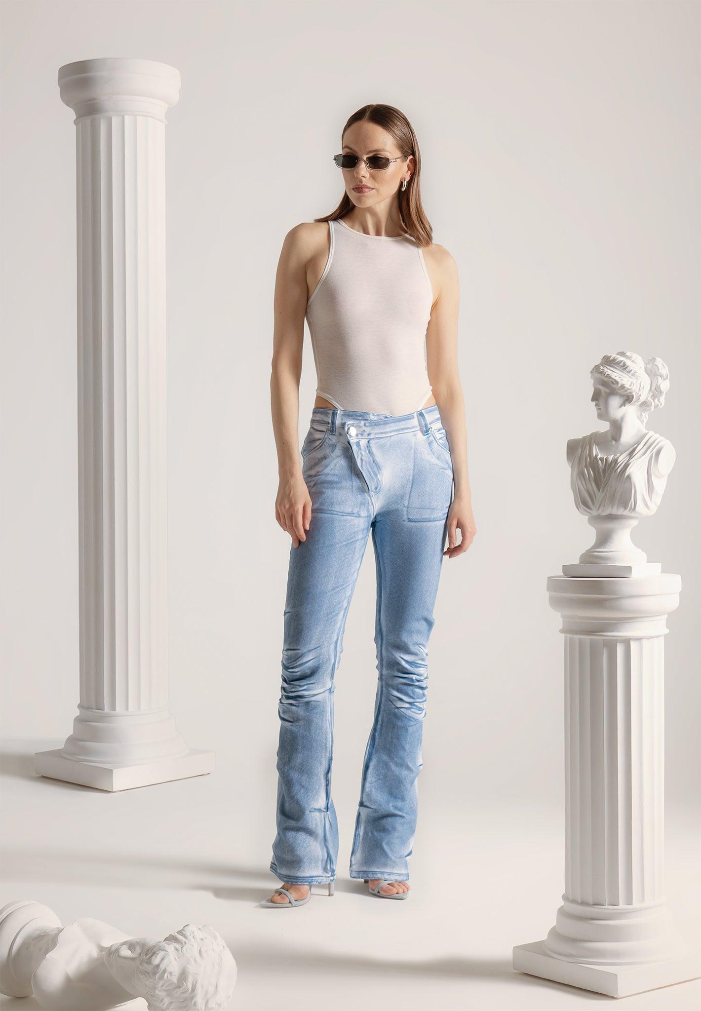 Denim Effect Tacked Fit and Flare Jeans - White/Blue Female Product Image