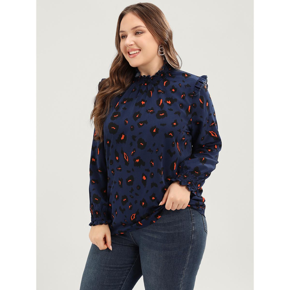 Plus Size DarkBlue Allover Print Ruffle Trim Lantern Sleeve Shirred Blouse Women Elegant Long Sleeve Mock Neck Dailywear Blouses BloomChic 30/6X Product Image