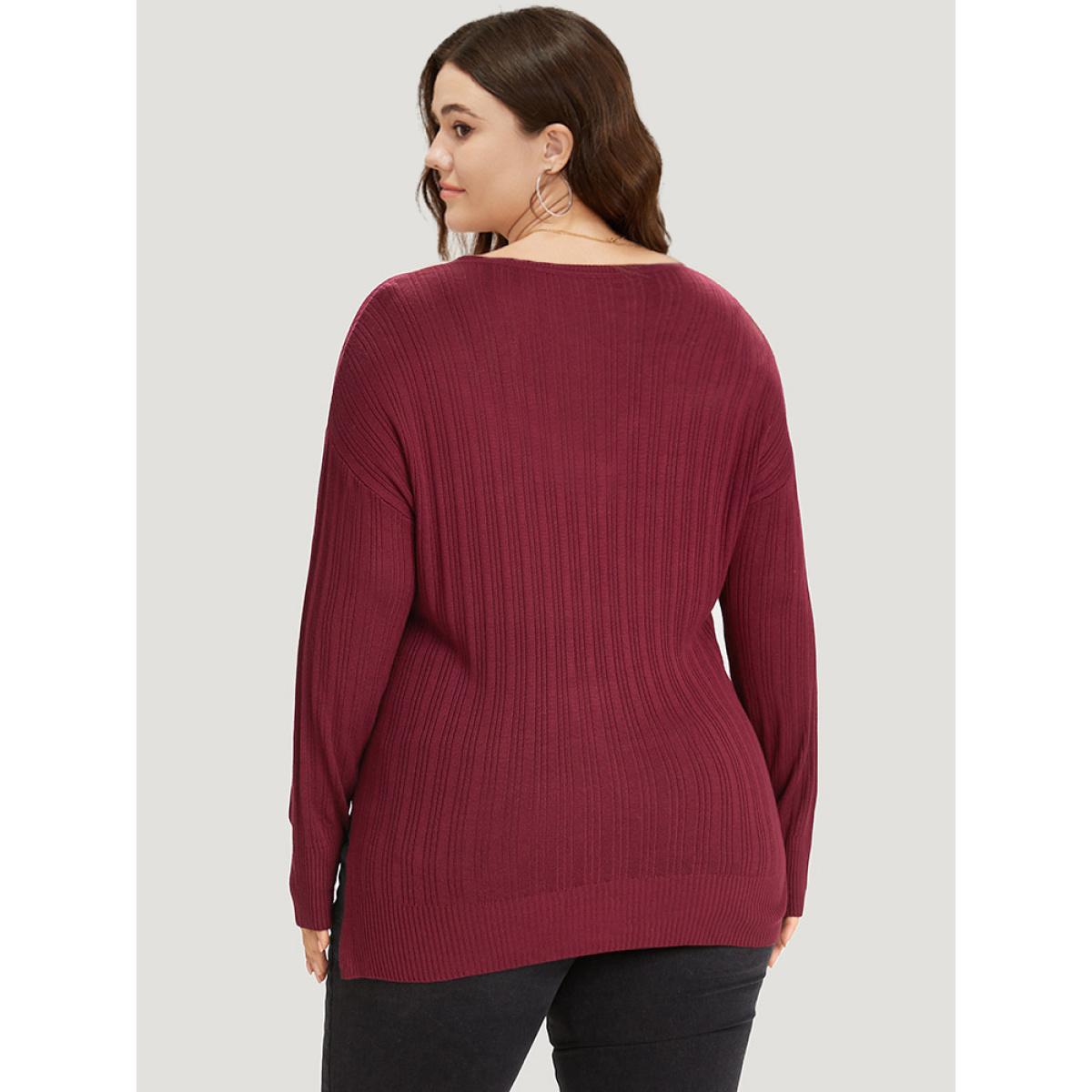 Plus Size Supersoft Essentials Plain Rib Knit Split Side Pullover Burgundy Women Casual Bodycon Long Sleeve Round Neck Dailywear Pullovers BloomChic 18-20/2X Product Image