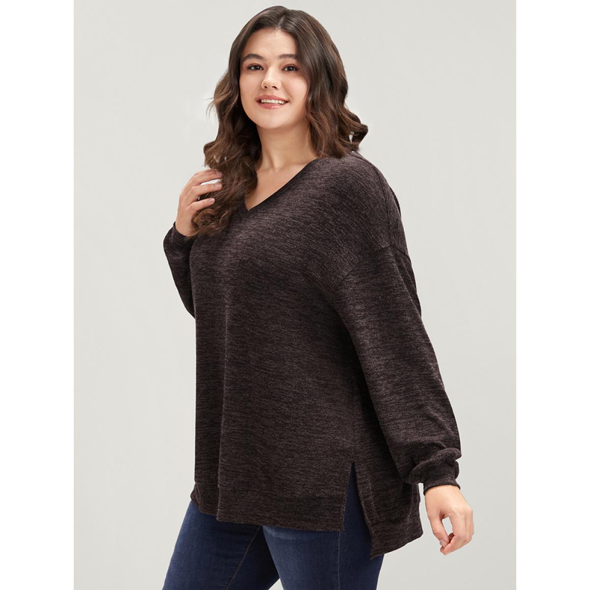 Plus Size Solid Split Asymmetrical Hem V Neck Sweatshirt Women DarkBrown Casual Asymmetrical V-neck Dailywear Sweatshirts BloomChic 14-16/1X Product Image