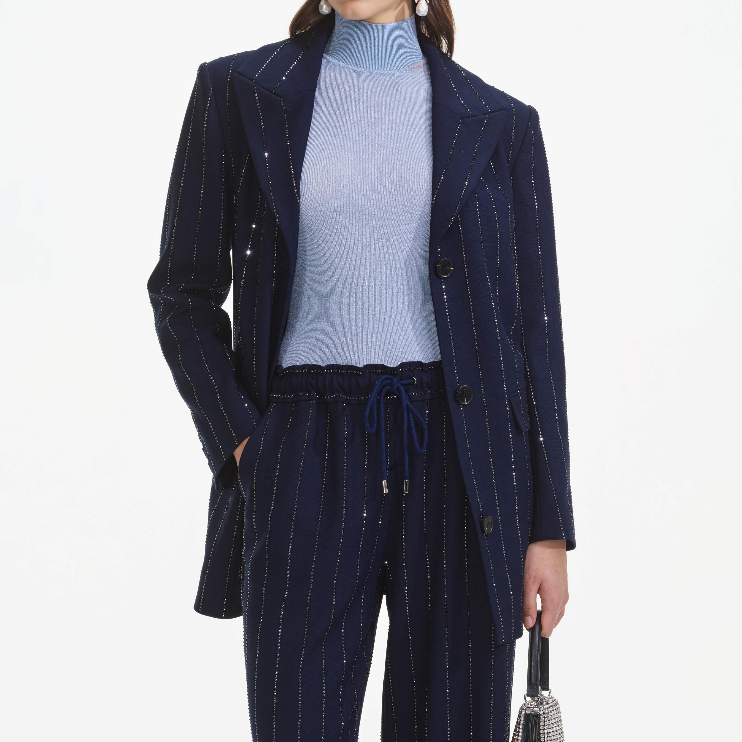 Navy Rhinestone Pinstripe Trousers Product Image