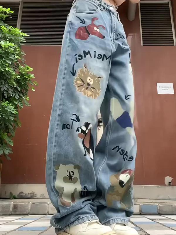 Graffiti Print American High Waist Loose Jeans Boyfriend Jeans Product Image