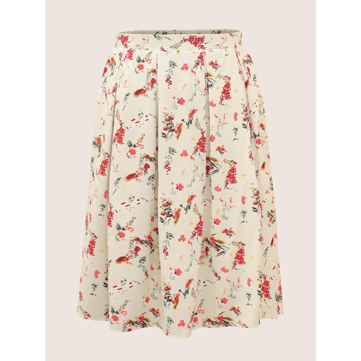 Plus Size Floral Print Pleated Elastic Waist Skirt Women Beige Elegant Pleated No stretch Everyday Skirts BloomChic 18-20/2X Product Image