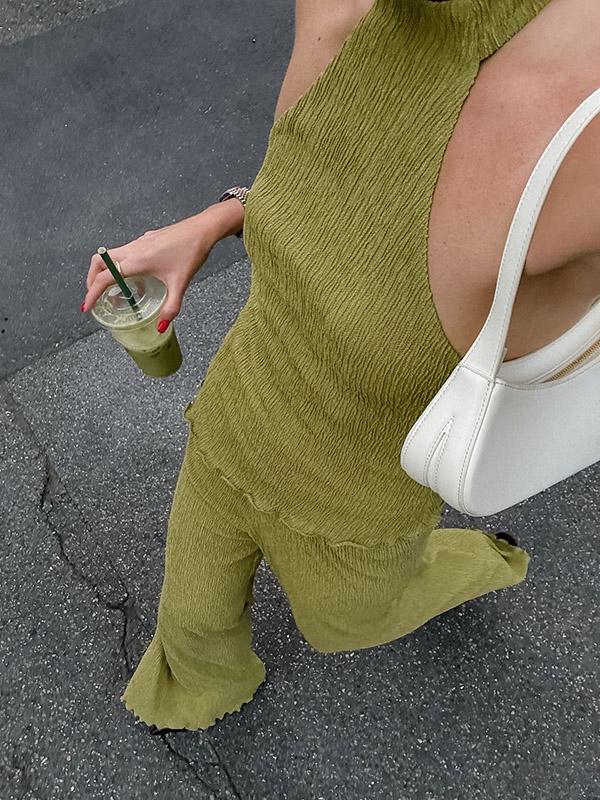 Solid Color Pleated Sleeveless Asymmetric High Neck Vest + Wide Leg Pants Two Pieces Set Product Image