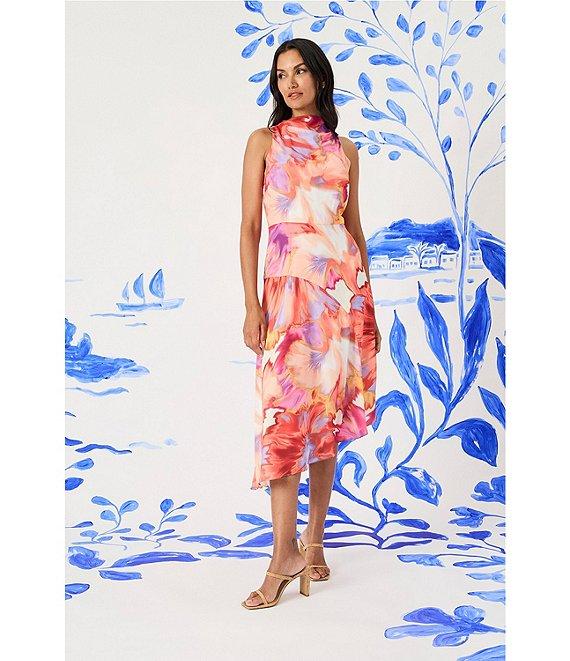 Maggy London Georgette Watercolor Print Mock Neck Sleeveless Asymmetrical Hem Sheath Midi Dress Product Image
