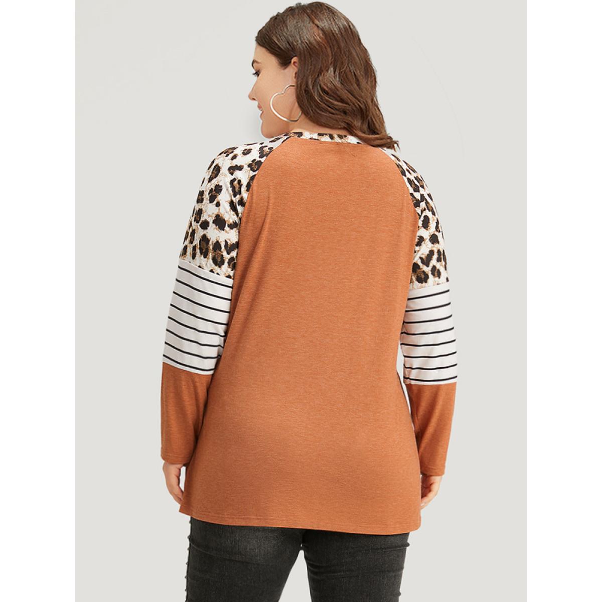 Plus Size Striped Patchwork Leopard Print Crew Neck T-shirt Chocolate Women Casual Contrast Leopard Round Neck Dailywear T-shirts BloomChic 30/6X Product Image
