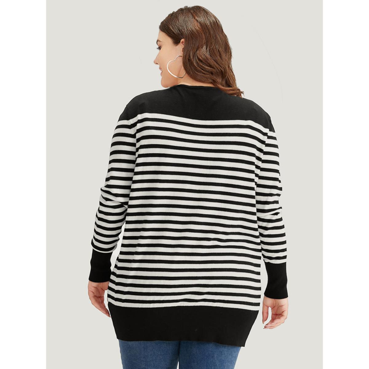 Plus Size Supersoft Essentials Striped Patchwork Elastic Cuffs Cardigan Black Women Casual Loose Long Sleeve Dailywear Cardigans BloomChic 18-20/2X Product Image