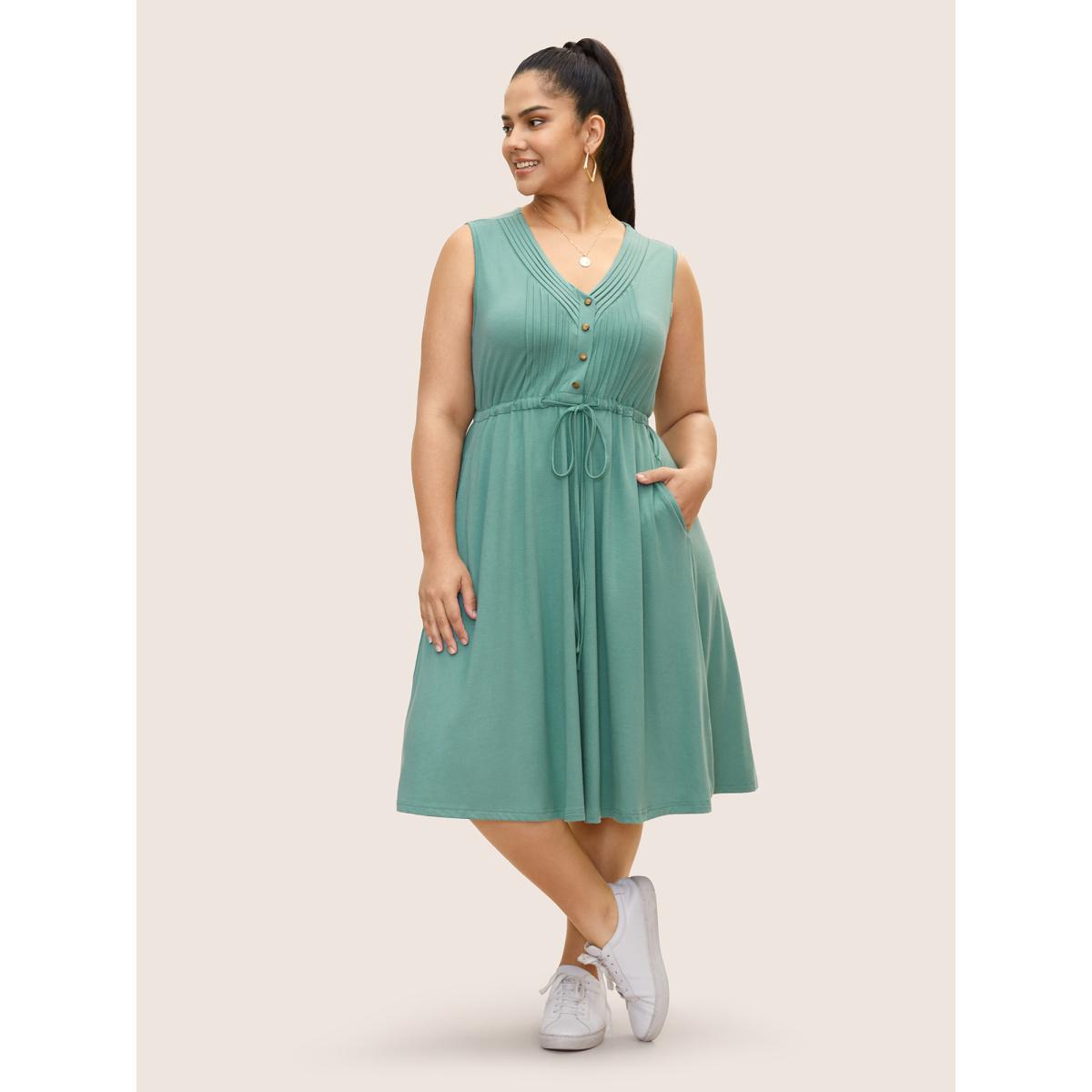 Plus Size V Neck Drawstring Button Detail Pleated Dress Mint Women Casual Pleated V-neck Sleeveless Curvy BloomChic 14-16/1X Product Image