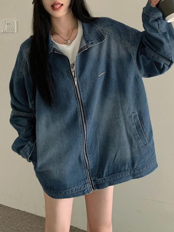 Vintage Blue Lapel Neck Zip Up Denim Jacket Product Image