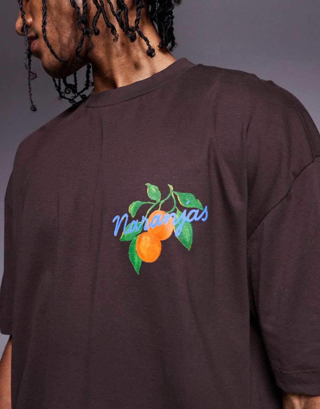 ASOS DESIGN boxy oversized T-shirt with front and back print in brown Product Image