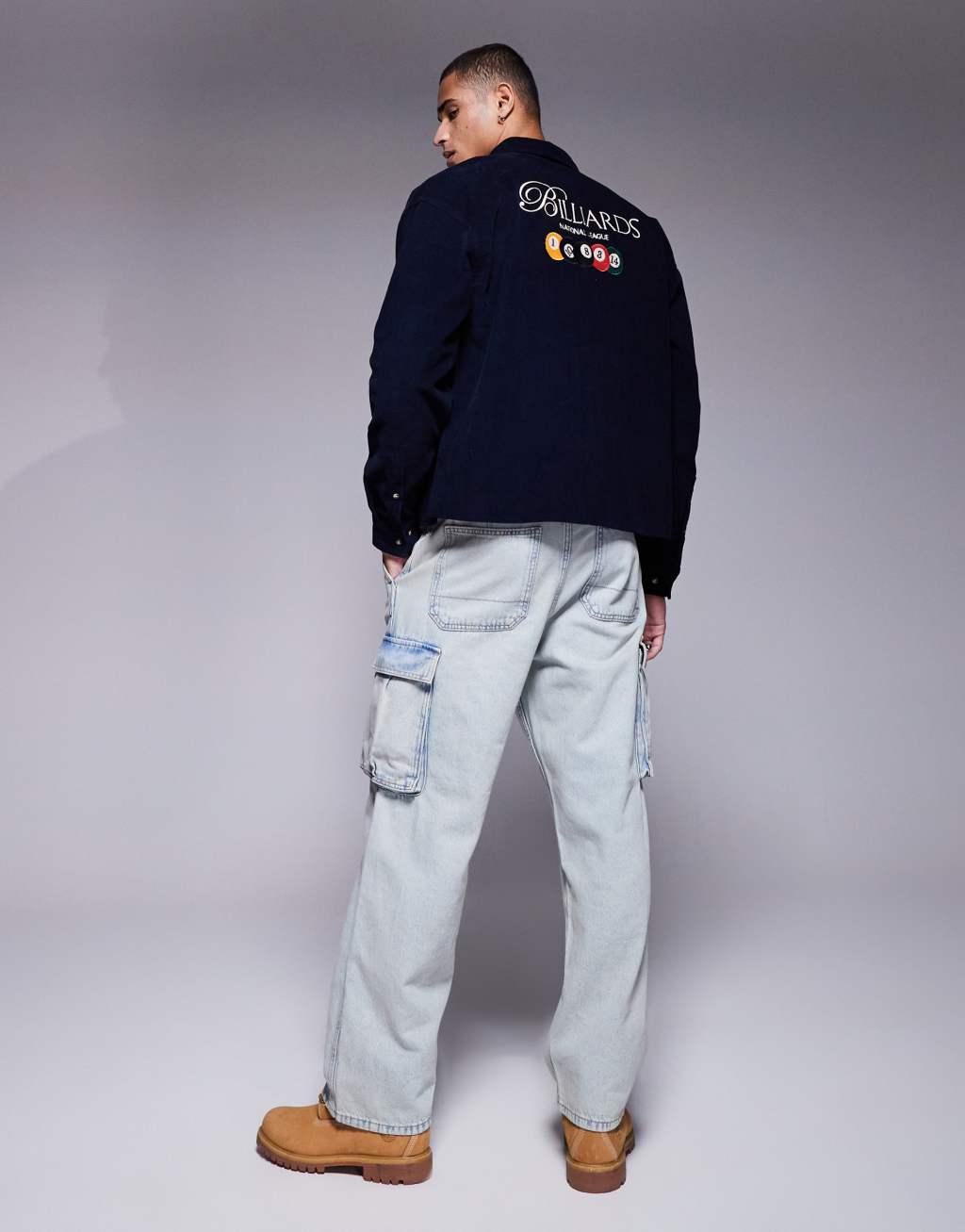 ASOS DESIGN 90s oversized cord shirt with back embroidery in navy Product Image