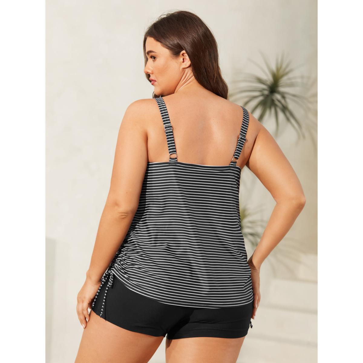 Plus Size Striped Non-Removable Cups Swim Top Women's Swimwear Black Resort Drawstring High stretch Bodycon U-neck Curve Swim Tops BloomChic 22-24/3X Product Image