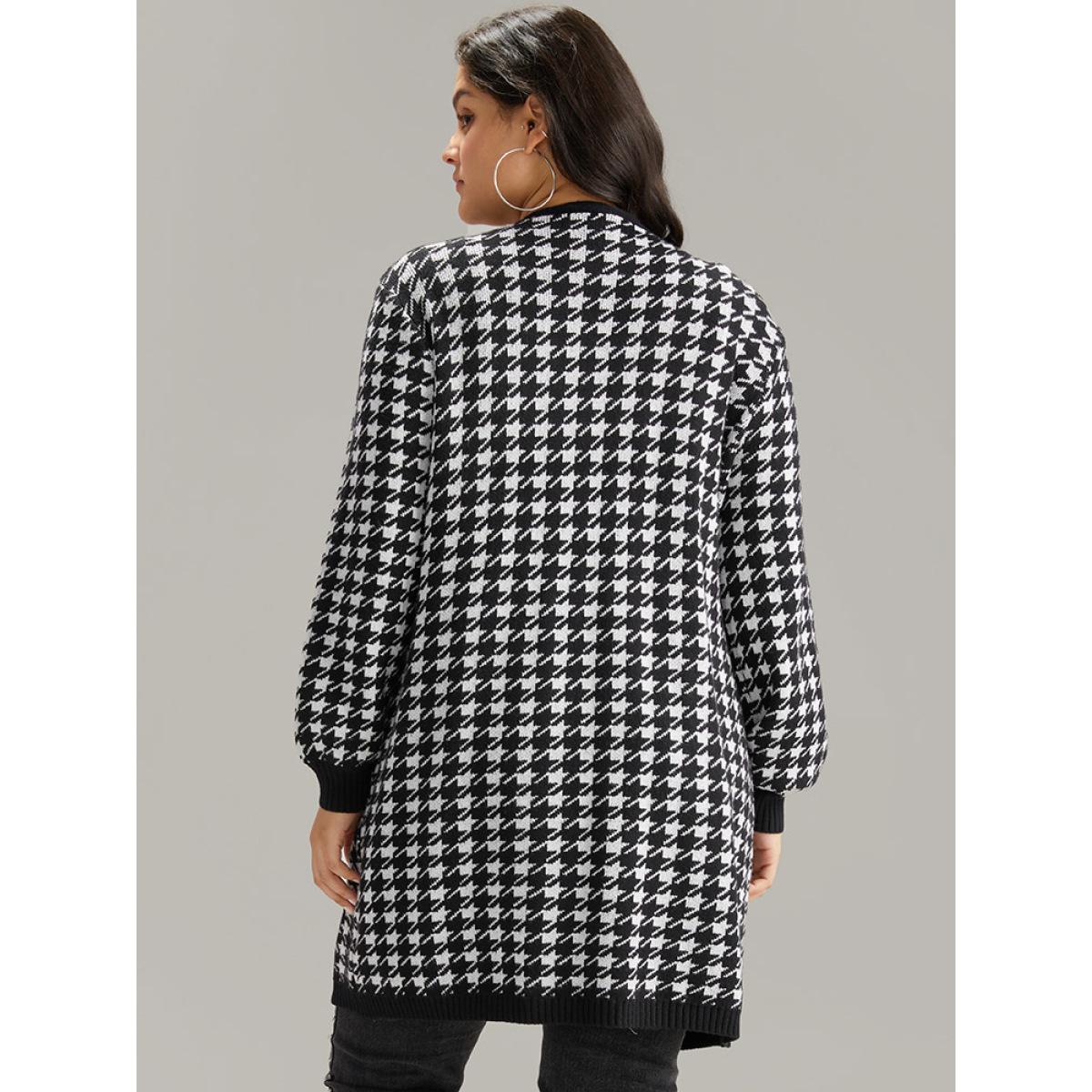 Plus Size Supersoft Essentials Houndstooth Pocket Elastic Cuffs Cardigan Black Women Casual Loose Long Sleeve Dailywear Cardigans BloomChic 14-16/1X Product Image