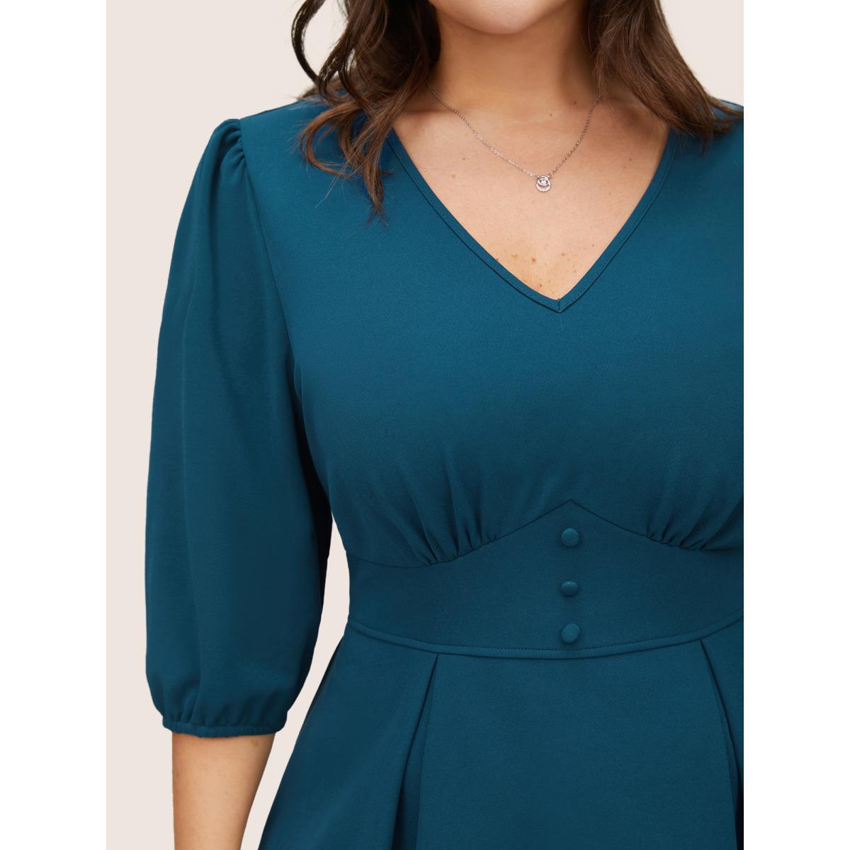 Plus Size Aegean Plain Plicated Detail Button Detail Blouse Women At the Office Elbow-length sleeve V-neck Work Blouses BloomChic 12/L Product Image