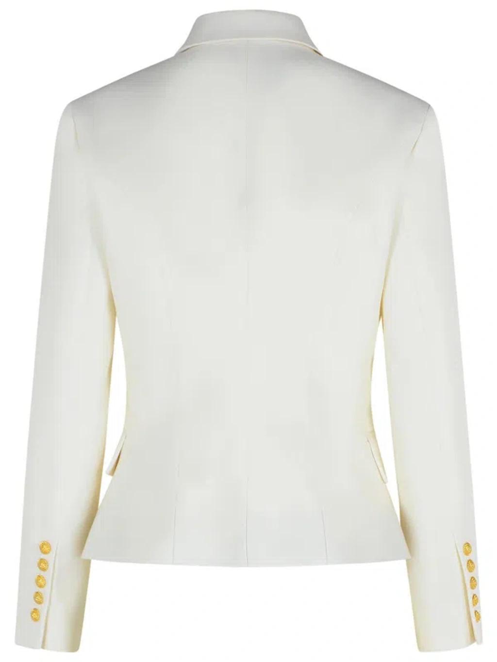 BALMAIN Double-breasted Structured Denim Blazer With Peak Lapel In White Product Image