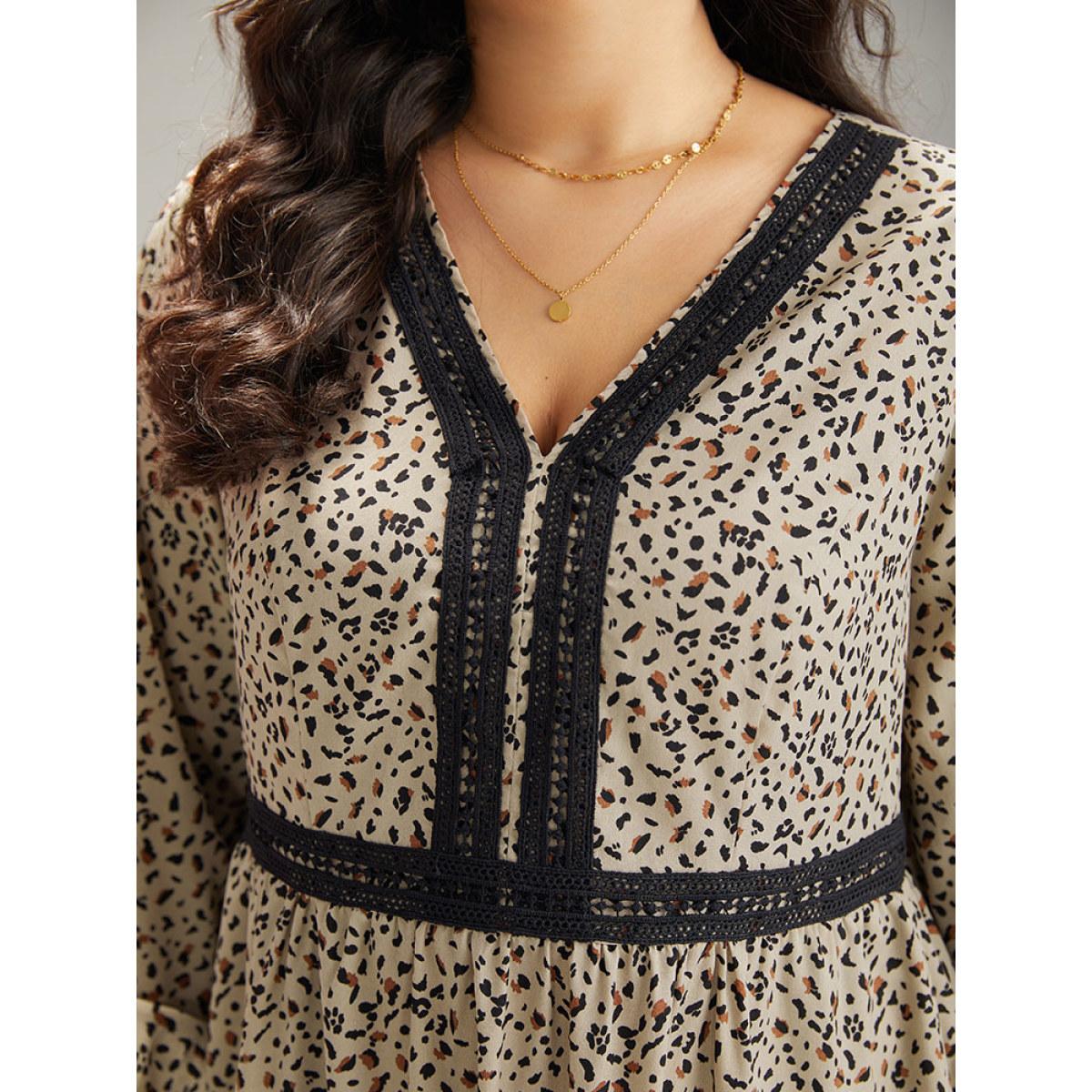 Plus Size Leopard Pocket Guipure Lace Lantern Sleeve Dress Stone Women Vacation Elastic cuffs V-neck Long Sleeve Curvy Midi Dress BloomChic 30/6X Product Image