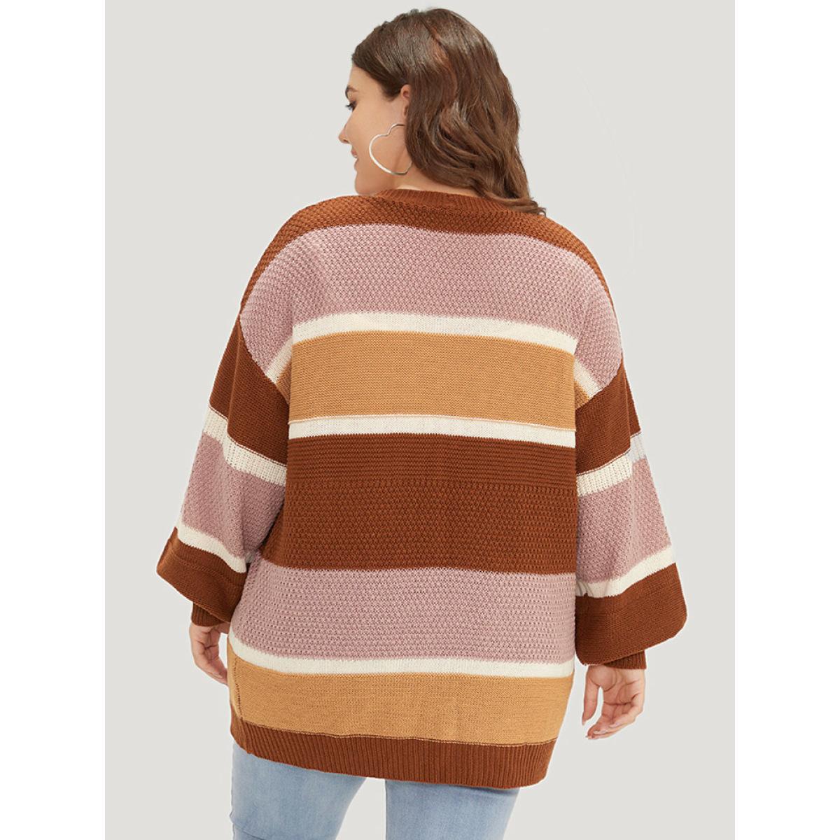 Plus Size Striped Contrast Elastic Cuffs Cardigan Multicolor Women Casual Loose Long Sleeve Dailywear Cardigans BloomChic 30/6X Product Image