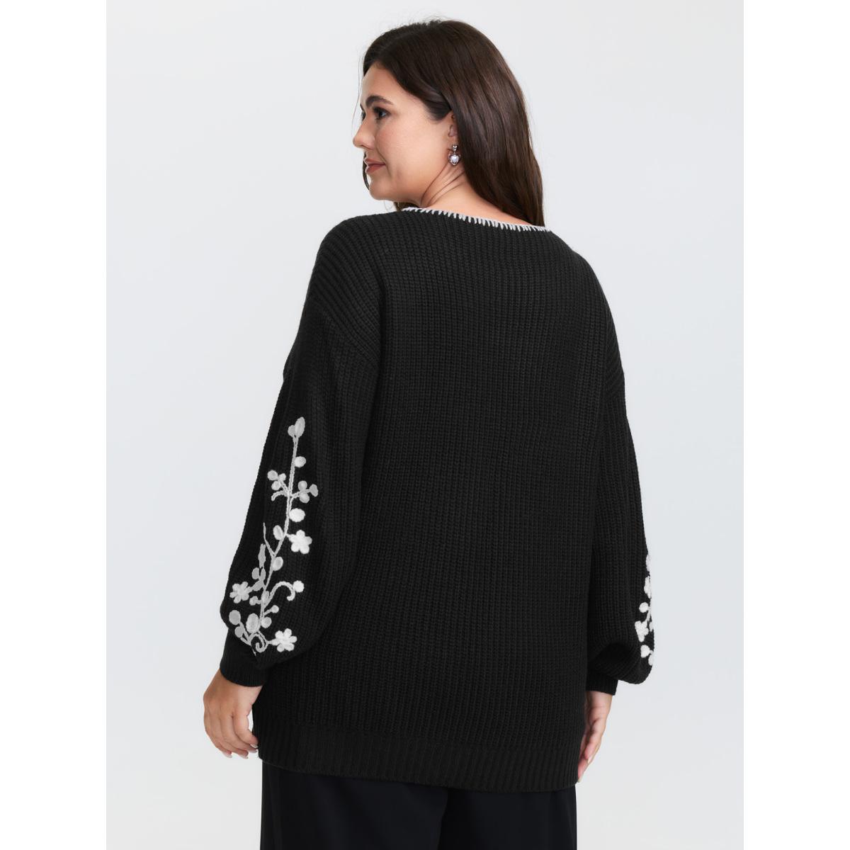 Plus Size Floral Embroidered Texture Pullover Black Women Timeless Loose Long Sleeve Round Neck Elegant Pullovers BloomChic 30/6X Product Image