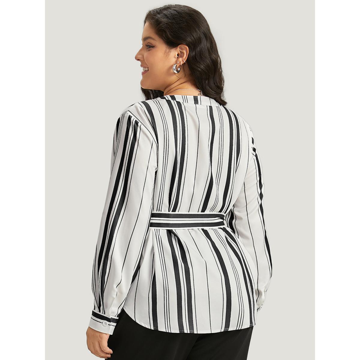 Plus Size Black Striped Arc Hem Belted Roll Tab Sleeve Blouse Women Office Long Sleeve V-neck Work Blouses BloomChic 18-20/2X Product Image