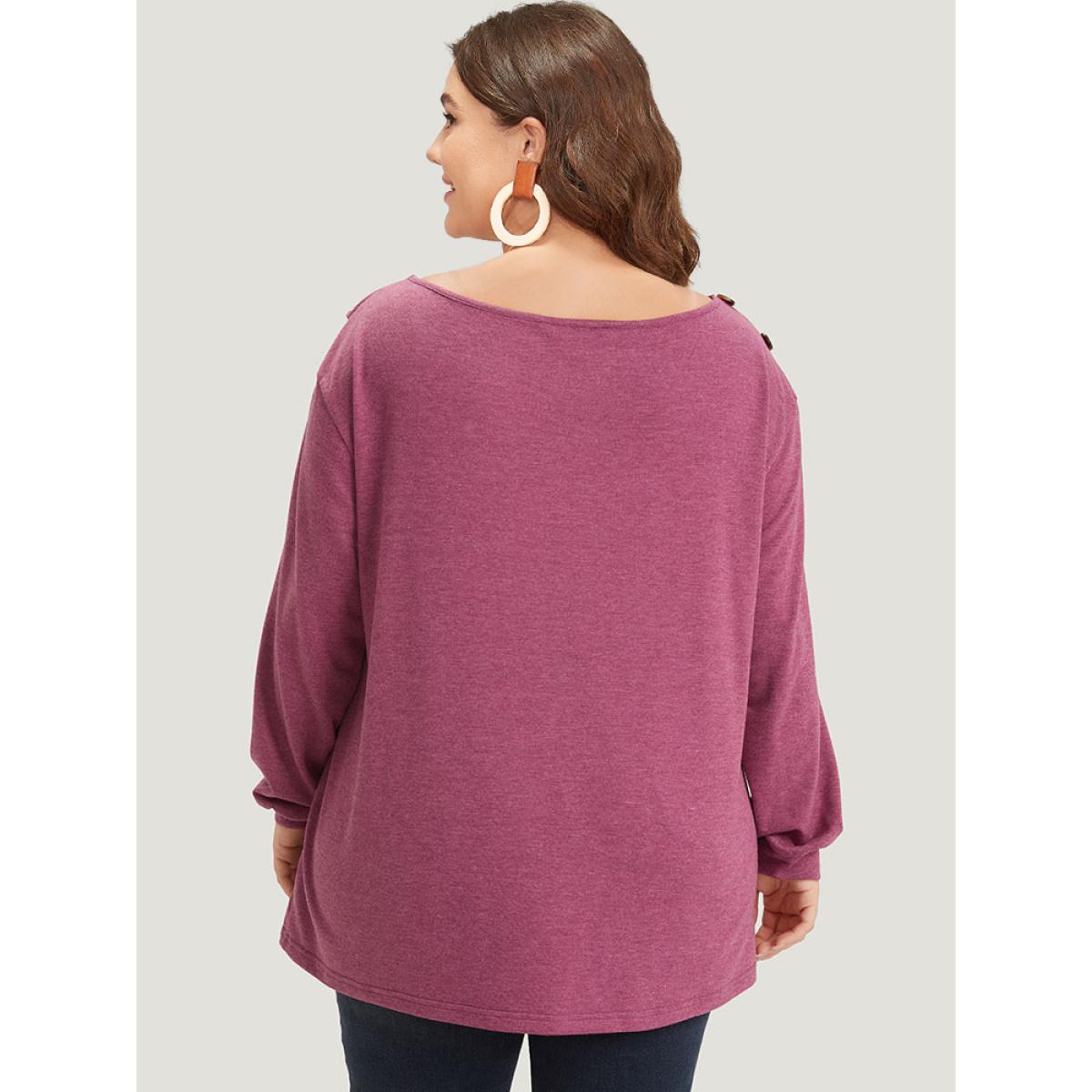 Plus Size Plain Elastic Cuffs Button Detail Asymmetrical Neck Sweatshirt Women RedViolet Elegant Elastic cuffs Round Neck Dailywear Sweatshirts BloomChic 26/4X Product Image