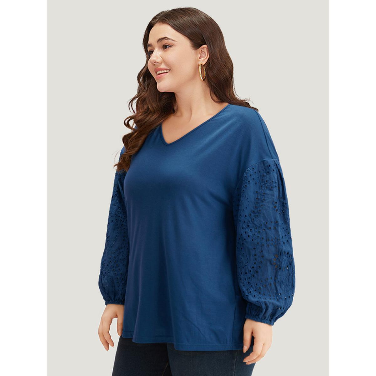 Plus Size V Neck Broderie Anglaise Patchwork Lantern Sleeve T-shirt Aegean Women Elegant Elastic cuffs Plain V-neck Dailywear T-shirts BloomChic 10/M Product Image
