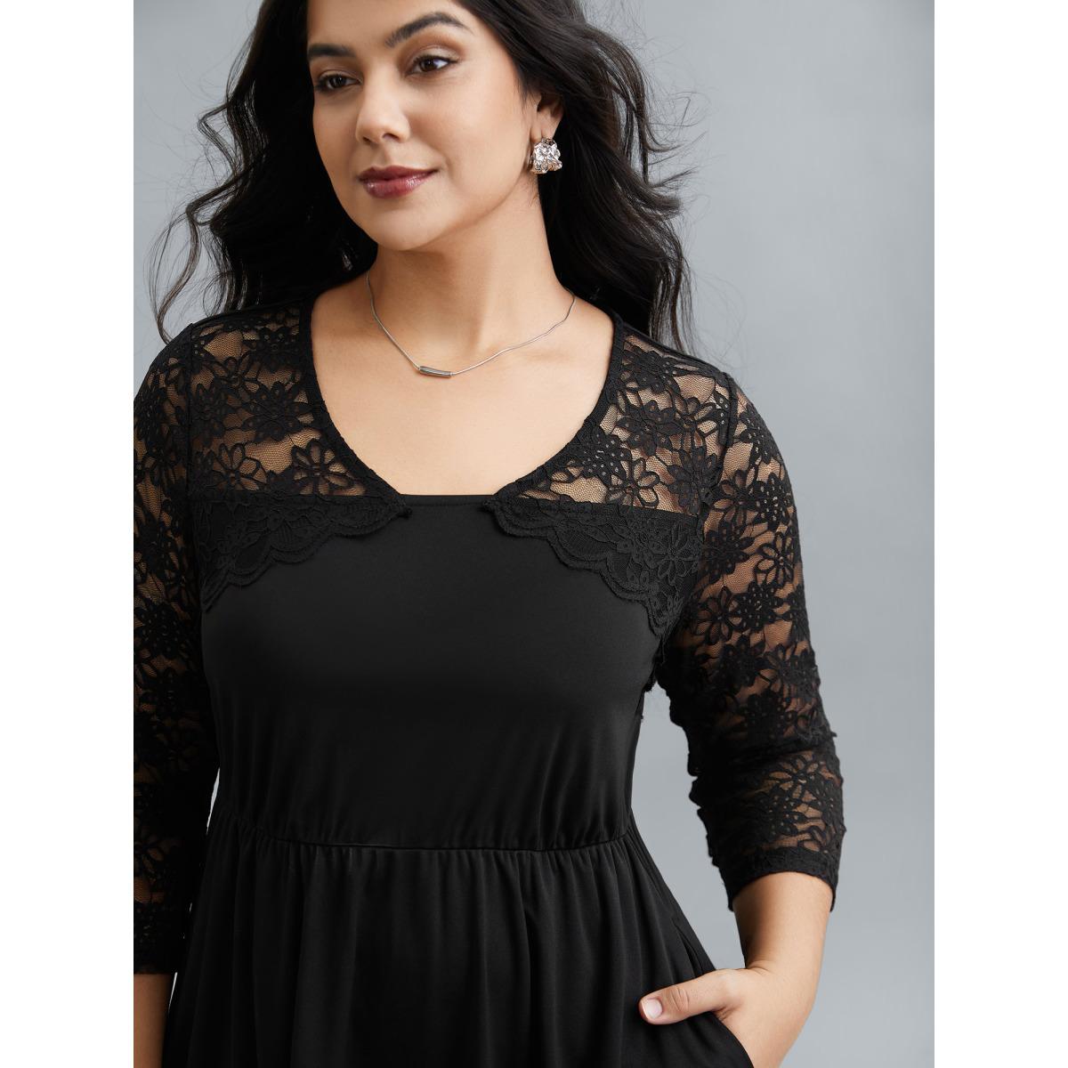 Plus Size Sheer Lace Sleeve Fit and Flare Midi Dress Black Women At the Office Woven ribbon&lace trim Asymmetrical Neck Elbow-length sleeve Curvy BloomChic 26/4X Product Image