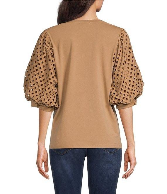 Gibson & Latimer Knit Contrast Eyelet Crew Neck Short 3/4 Balloon Sleeve Top Product Image