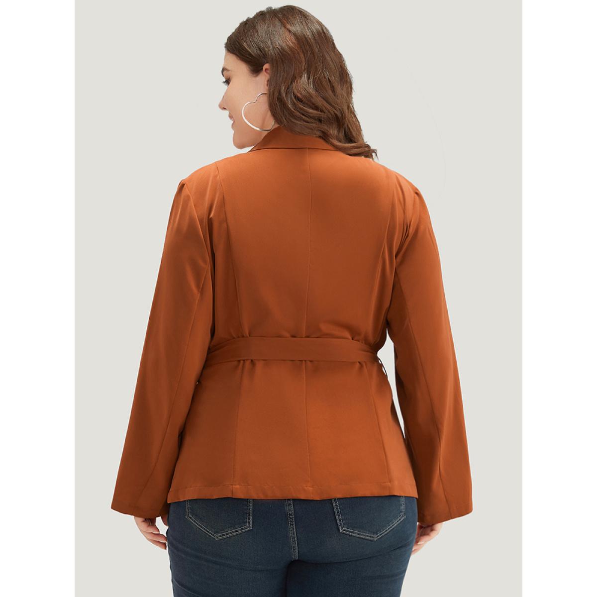 Plus Size Solid Belted Suit Collar Blazer Chocolate Women Dailywear Plain Plain Sleeve Long Sleeve Suit Collar 28/5X Belt Casual Blazers BloomChic Product Image