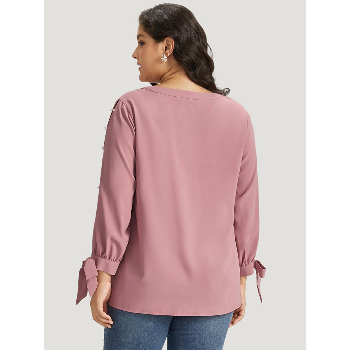 Plus Size DustyPink Plain Pleated Ties Beaded Notched Blouse Women Elegant Long Sleeve Notched collar Dailywear Blouses BloomChic 18-20/2X Product Image