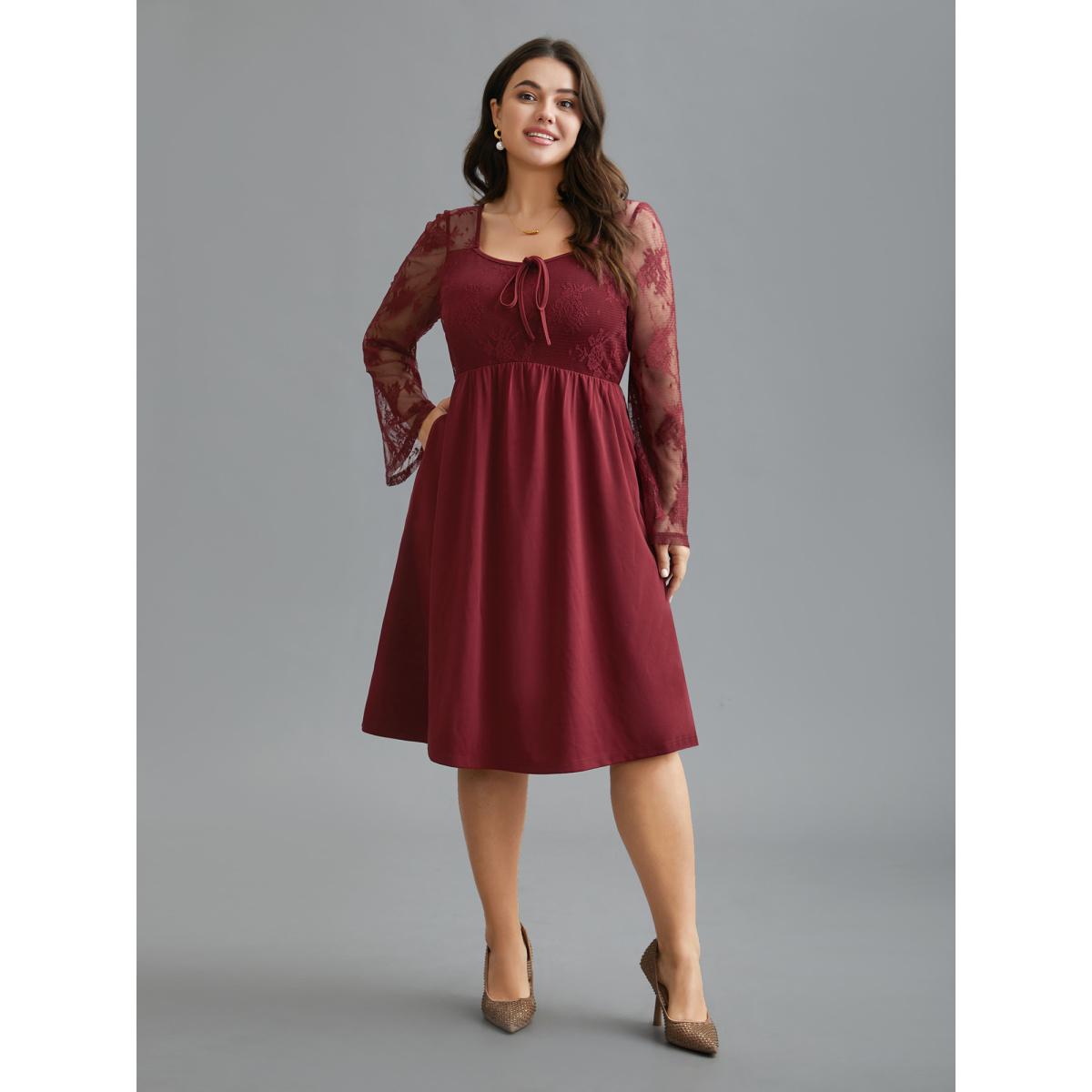 Plus Size Crochet Lace Mesh Bell Sleeve Dress Scarlet Women Elegant Woven ribbon&lace trim Heart neckline Long Sleeve Curvy BloomChic 14-16/1X Product Image
