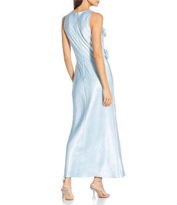 Gianni Bini Cheyanne Satin 3D Rosettes Cutout Round Neck Sleeveless Ruched Slip Maxi Dress Product Image