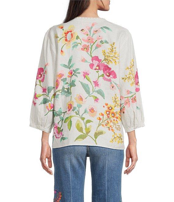 JOHNNY WAS Linen Floral Embroidered Split V-Neck 3/4 Sleeve Blouse Product Image