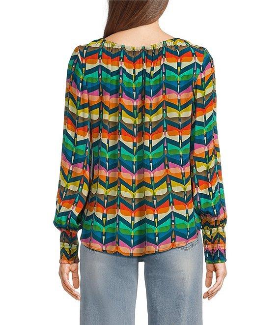 APNY Woven Printed Crew Neck Long Sleeve Smocked Blouse Product Image