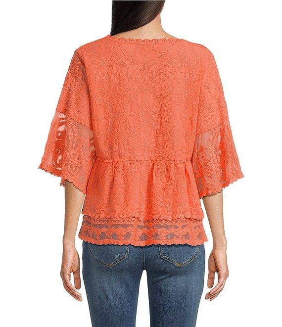 Democracy Allover Embroidered Scoop Neck 3/4 Sleeve Scallop edge Double Layer Hem Peplum Top Product Image
