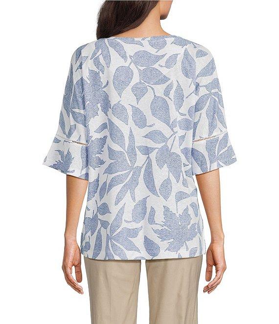 Ali Miles Knit Leaf Print Linen Blend V-Neck 3/4 Lace Sleeve Tunic Product Image