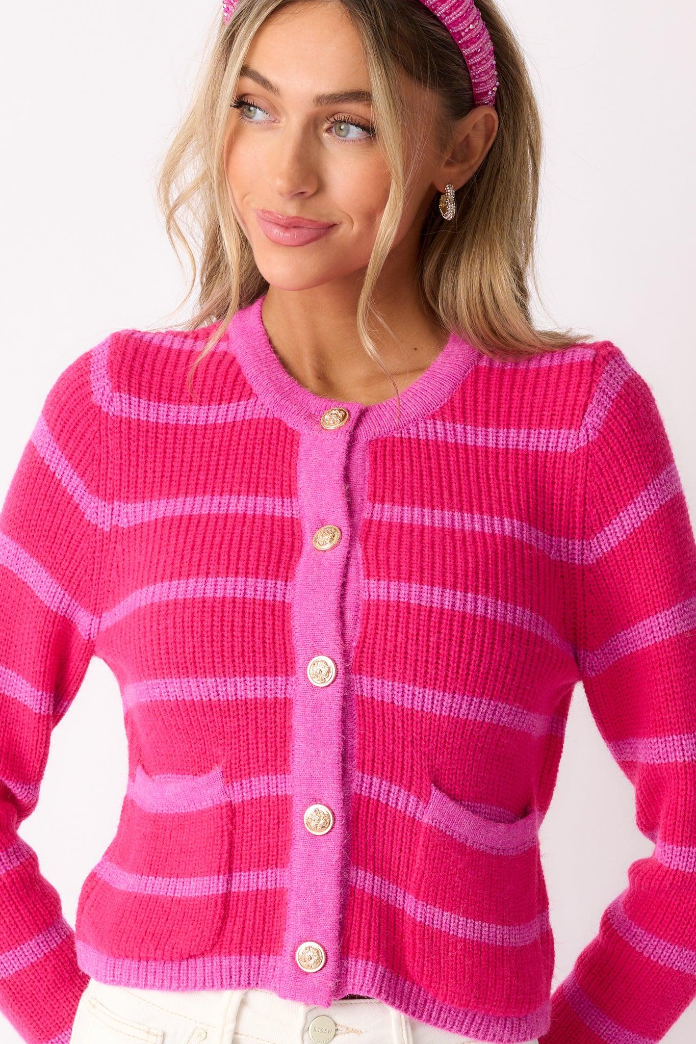 Let's Go Shopping Hot Pink Stripe Button Front Cardigan Product Image