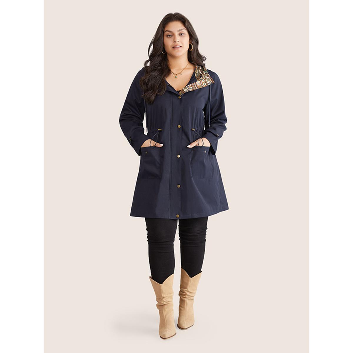 Plus Size Bandana Print Hooded Drawstring Snap Button Jacket Women Indigo Patchwork Pocket Everyday Jackets BloomChic 10/M Product Image